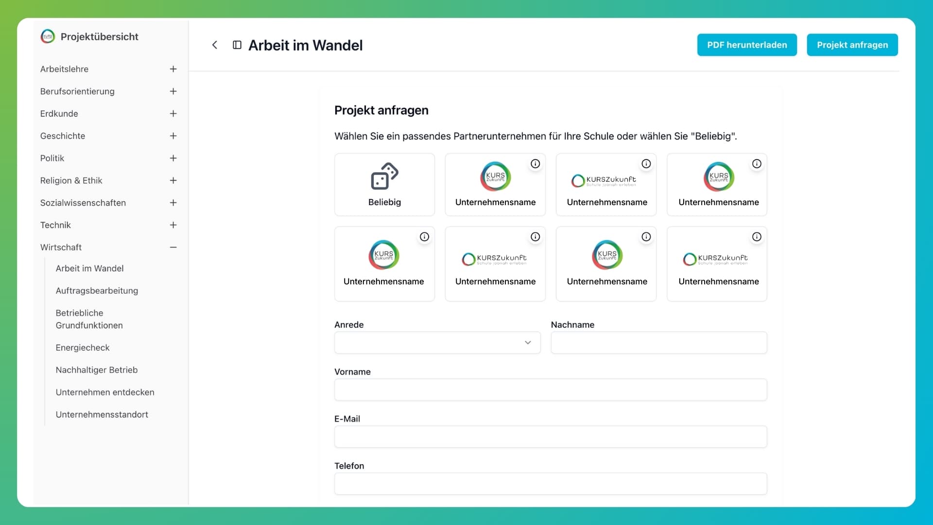 Screenshot des Projektanfrage-Formulars