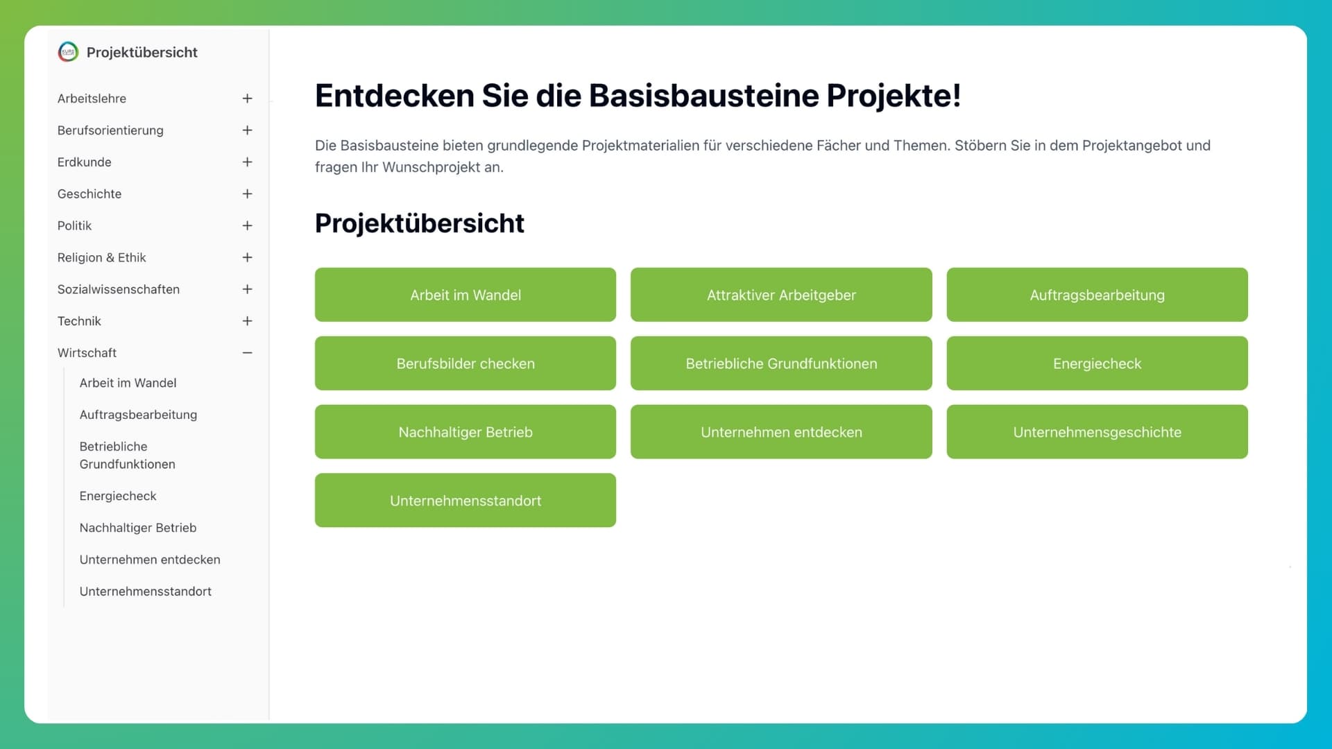 Screenshot der Projektübersicht im KURSZukunft Buchungstool